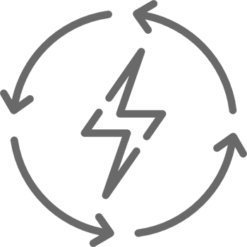 Circular energy symbol with arrows and lightning.