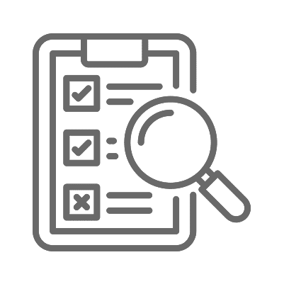 Checklist with magnifying glass icon on clipboard.