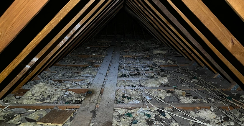 Dark attic with exposed wooden beams.