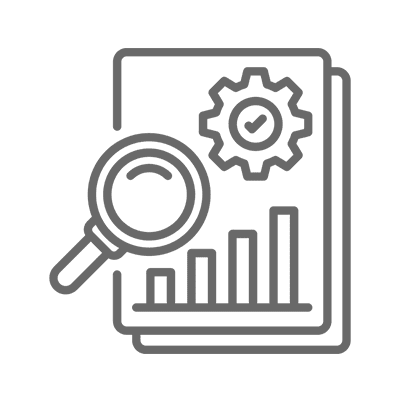 Magnifying glass, chart, and gear icon.
