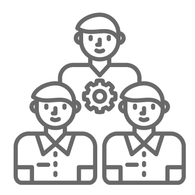 Three outlined figures with a gear symbol.
