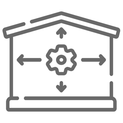 Warehouse icon with gear and arrows.