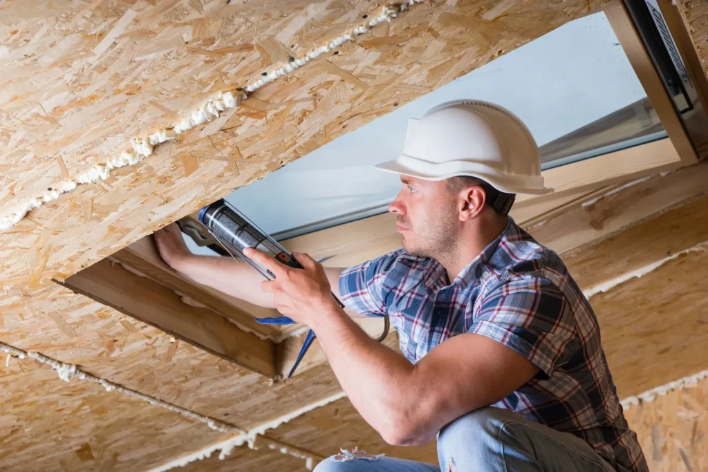 Worker sealing ceiling with caulking gun.