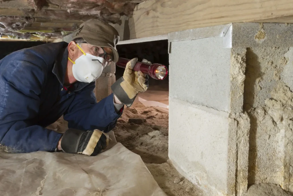 Inspector examines crawl space with flashlight.