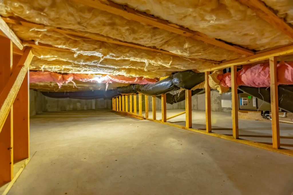 Crawl space with exposed insulation and beams.