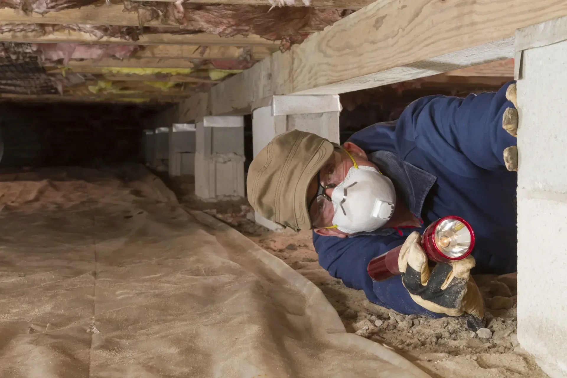 Person inspecting crawl space with flashlight.