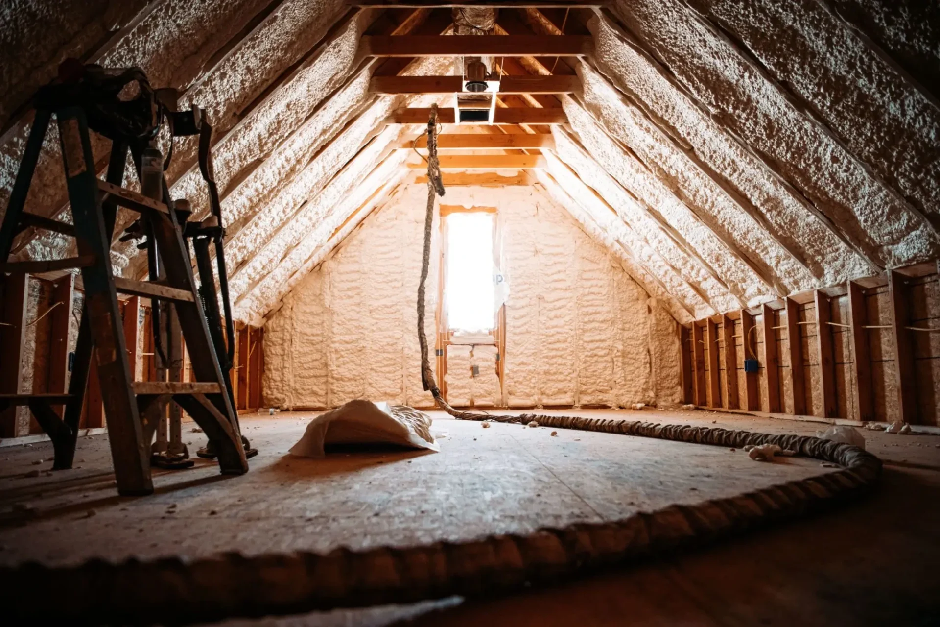 Insulated attic with wooden beams and ladder.