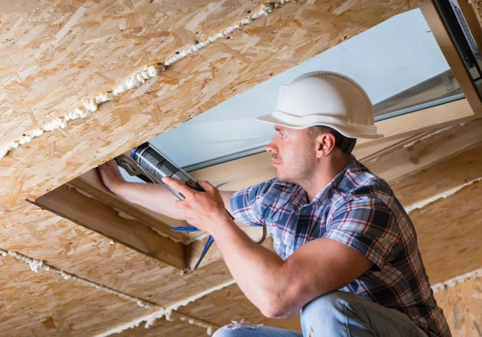 Worker sealing ceiling with caulking gun.