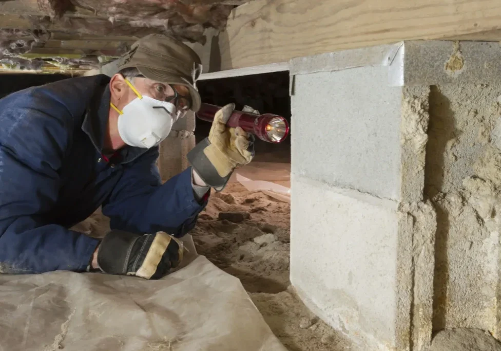 Inspector examines crawl space with flashlight.