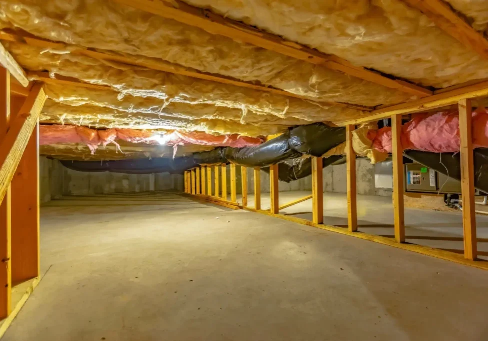 Crawl space with exposed insulation and beams.